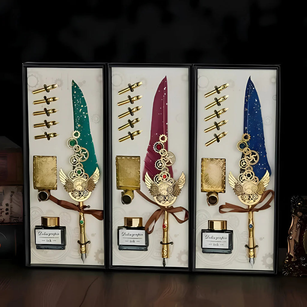Antique Calligraphy Feather Pen Set | Vintage