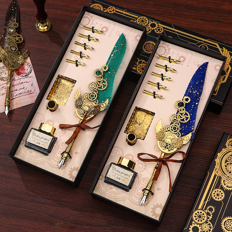 Antique Calligraphy Feather Pen Set | Vintage