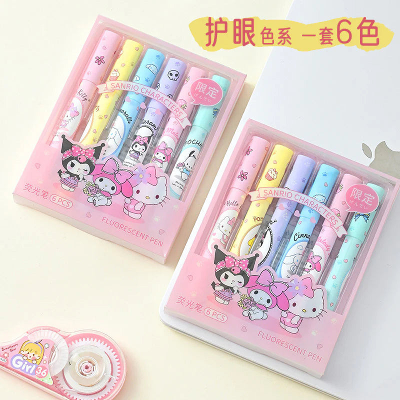 Sanrio Kawaii Fluorescent Marker Set – 6 Colors