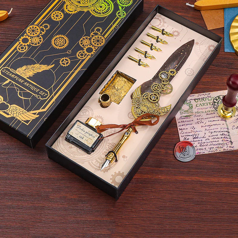 Antique Calligraphy Feather Pen Set | Vintage