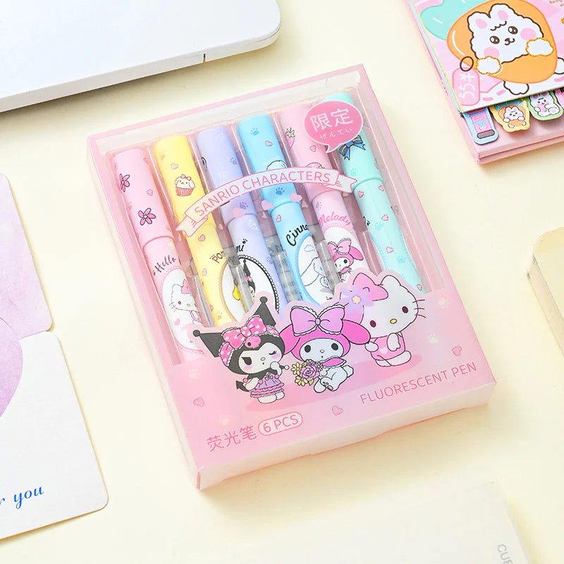 Sanrio Kawaii Fluorescent Marker Set – 6 Colors